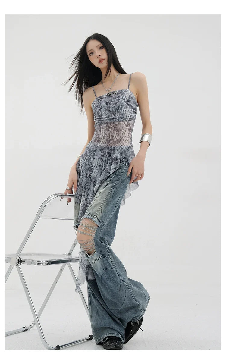 Black Asymmetric Ribbon Strap Tank Top With Ruffle Edge Design