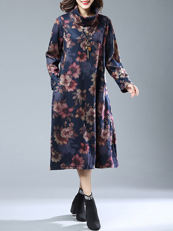 Navy Blue Turtleneck Floral Print Long Sleeve Loose Midi Dress