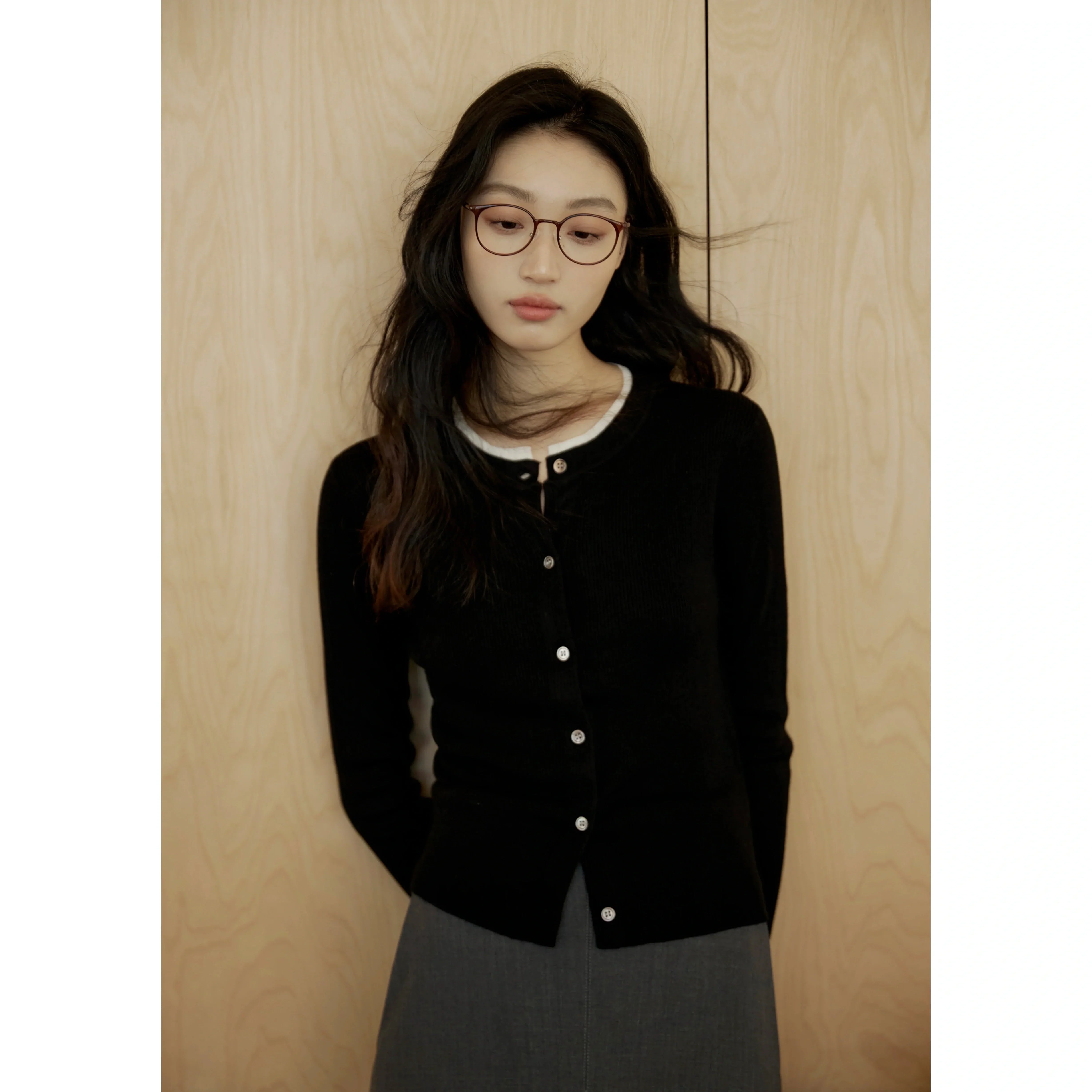Button-Up Cardigan Sweater with White Inner Layer