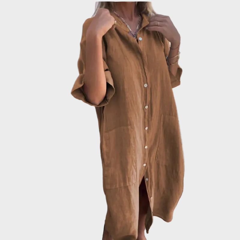 Collared Button Front Half Sleeve Pocket Midi Shirt Dress 7
