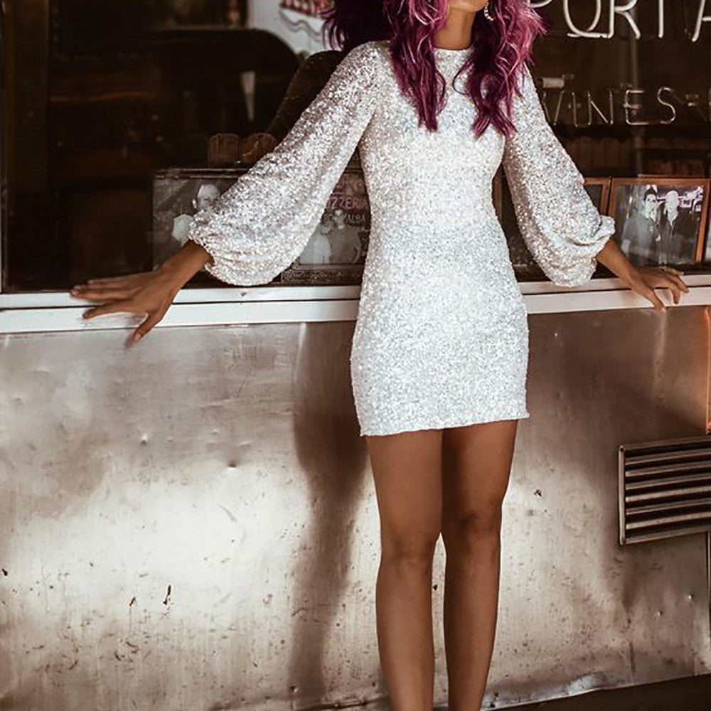 Sequined Round Neck Slim Pencil Skirt