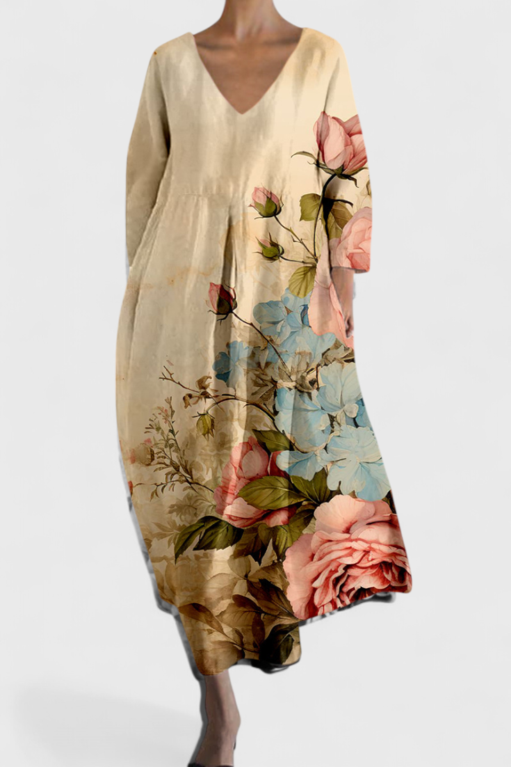 V-Neck Abstract Watercolor Print Pleated Pocket Cocoon Midi Dress 7