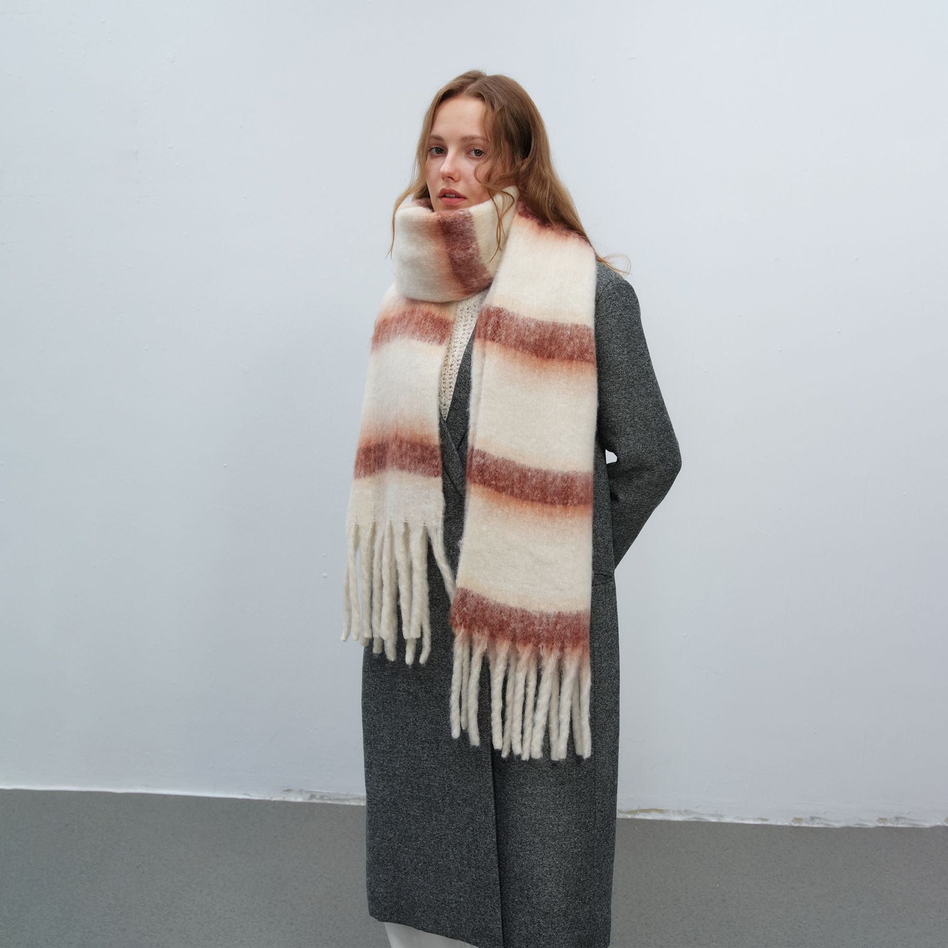 Thickened Warm Simple Striped Imitationmohair Plaid Scarf