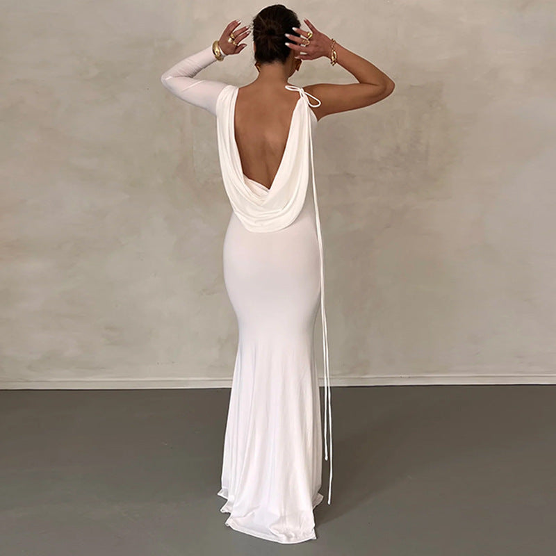 Cowl Neck One Shoulder Backless Draped Mermaid Maxi Dress