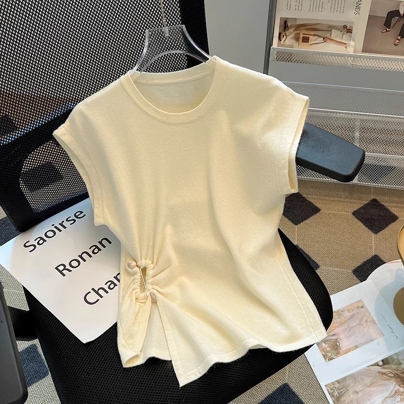 Asymmetrical Ruched Top with Decorative Pin