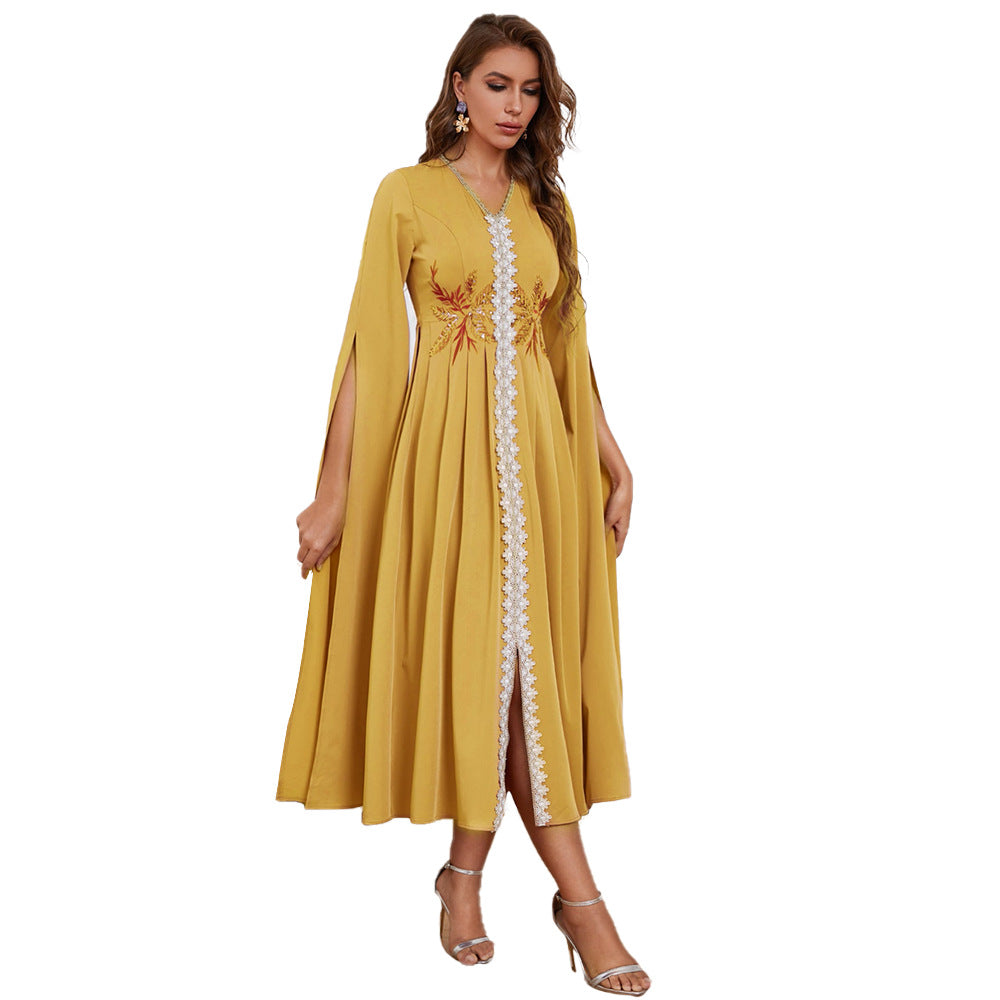 Dress V neck Embroidery Irregular Asymmetric Maxi Dress