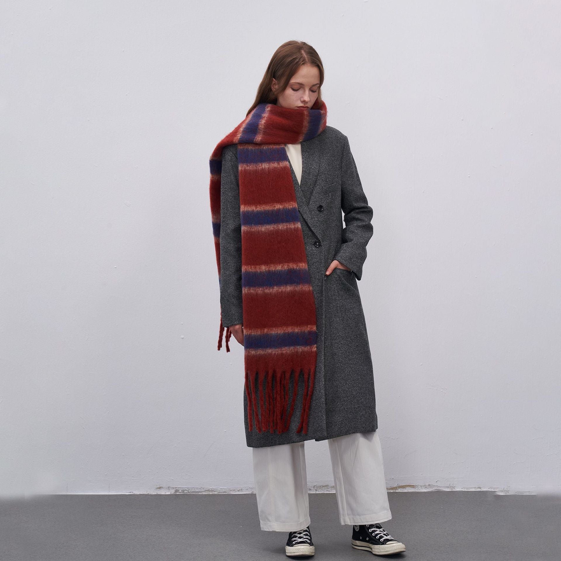 Thickened Warm Simple Striped Imitationmohair Plaid Scarf