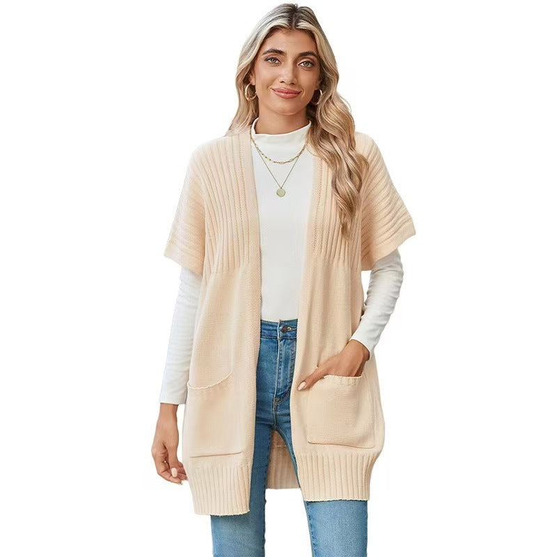 Open Front Ribbed Knit Short Sleeve Patch Pocket Cardigan