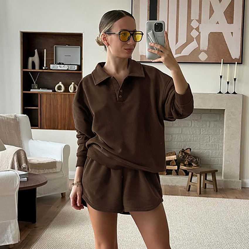 Vintage Chic Brown Relaxed Comfortable Stylish Casual ShortSleeve Fall Suit