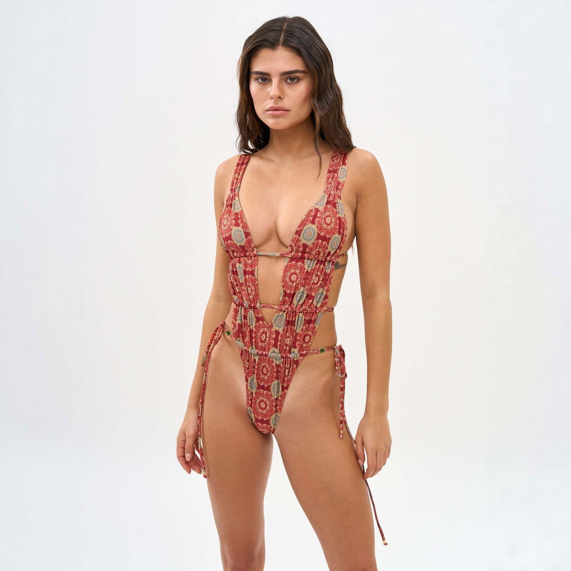 Printed Lace up One Piece Swimsuit Women Deep V Plunge neck Backless Sexy Bikini