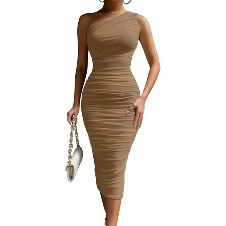 One-Shoulder Sleeveless Ruched Bodycon Midi Dress 7