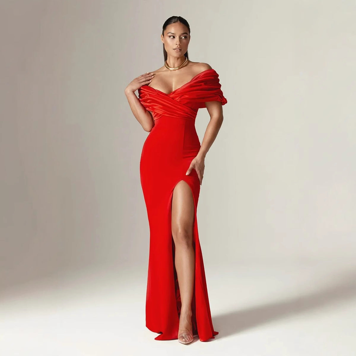 Off Shoulder Ruched Slit Satin Maxi Prom Dress