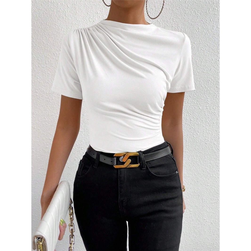 Pleated Slim Fit Short-sleeved Women's T-shirt