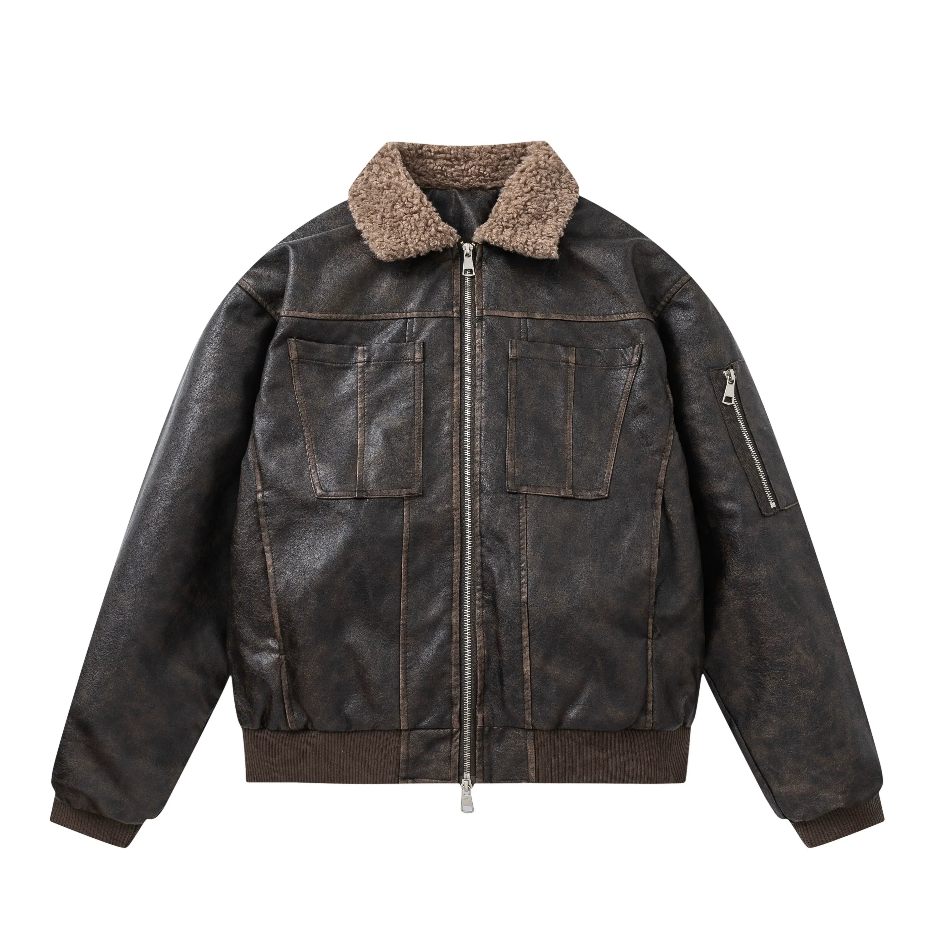 PU Leather Jacket with Lamb Wool Collar