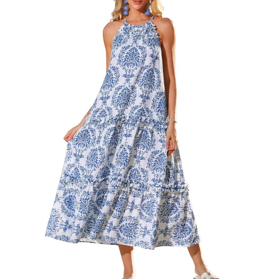Halter Neck Boho Floral Tiered Ruffle A-Line Maxi Dress