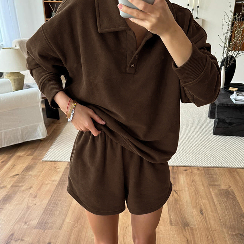 Vintage Chic Brown Relaxed Comfortable Stylish Casual ShortSleeve Fall Suit