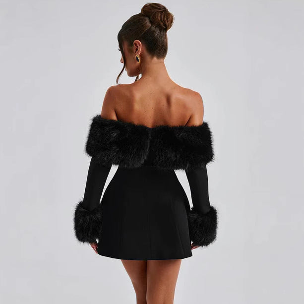 Luxurious Sexy Party Black Fur Collar Dress