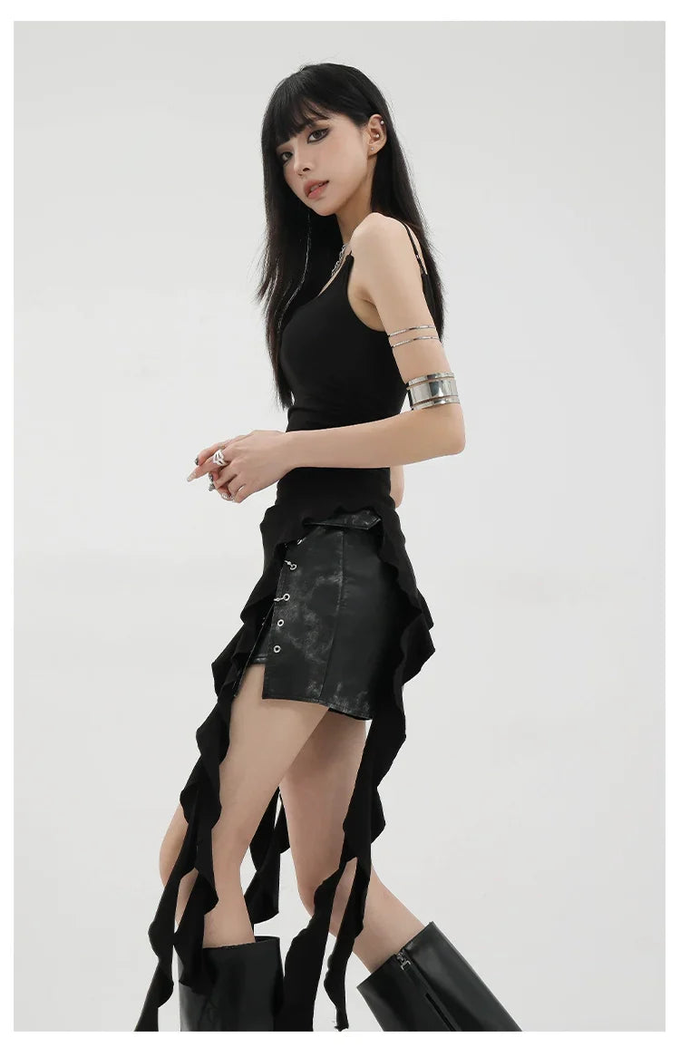 Black Asymmetric Ribbon Strap Tank Top With Ruffle Edge Design