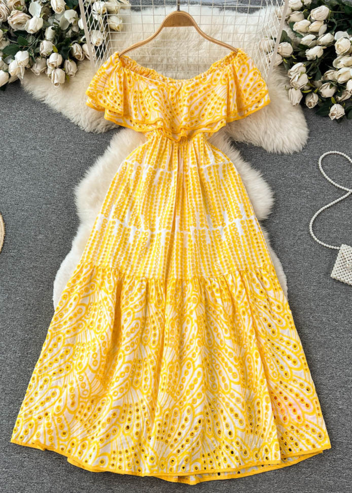 Soleia Ruffle Off Shoulder Dress EmbroideRed Boho Midi