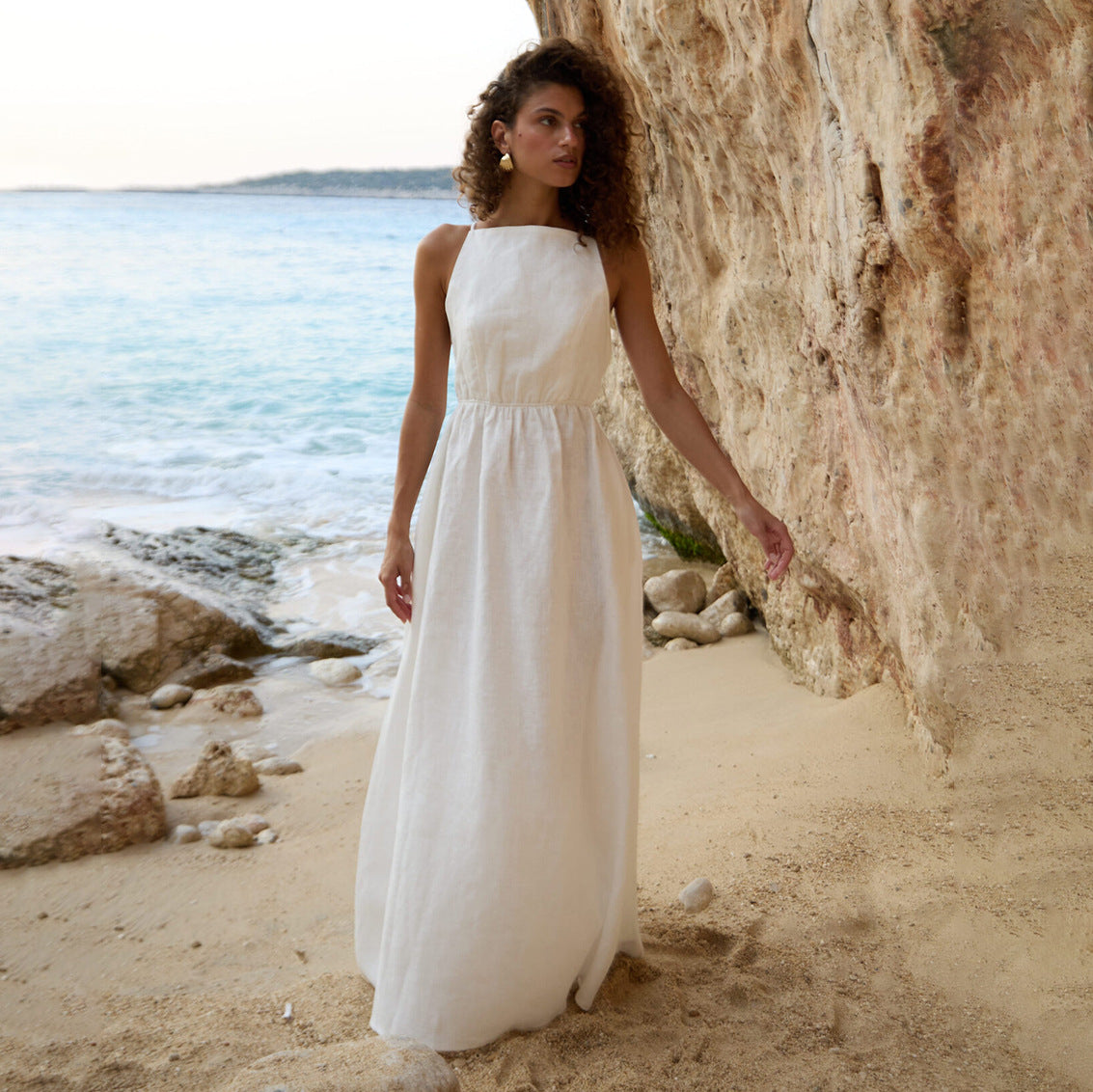 Cotton Waist V-Veck Tie-Down Dress