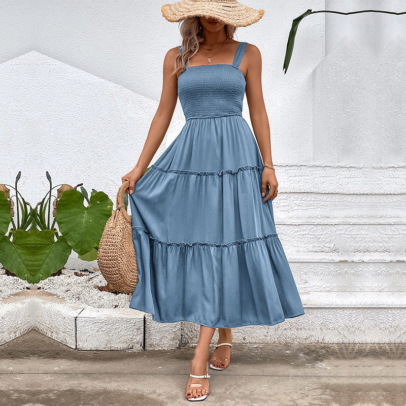 Square Neck Strap Smocked Shirred Tiered A-Line Midi Dress