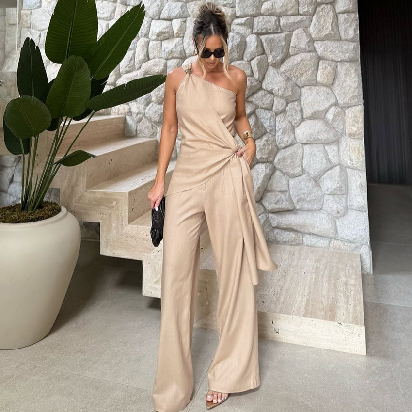Summer Women Sleeveless Shoulder Irregular Asymmetric Lace up Vest Top High Waist Trousers Two Piece Sets