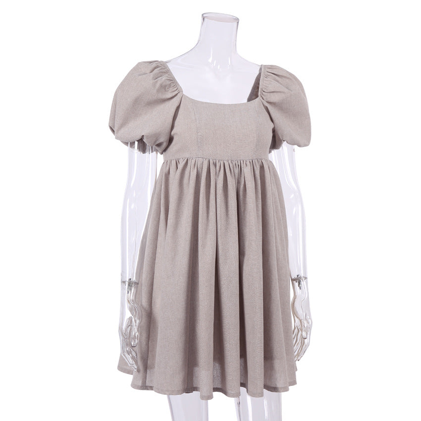 Khaki Square Neck Puff Sleeve Linen Babydoll Mini Dress 3