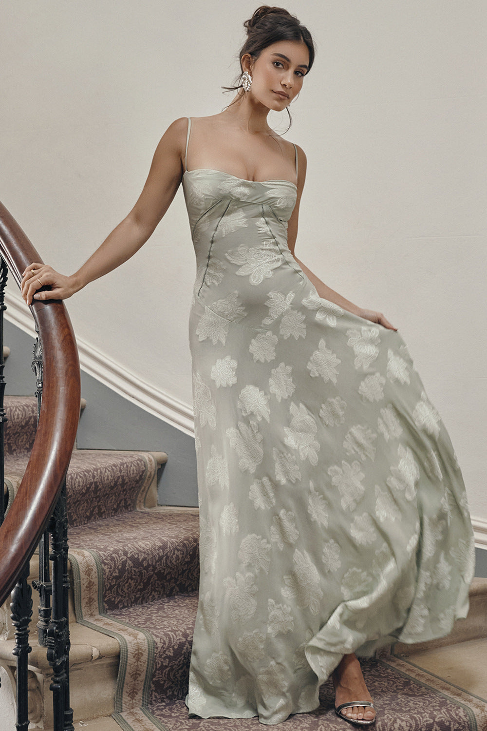 Spaghetti Strap Floral Jacquard Lace-Up Side Satin Maxi Dress