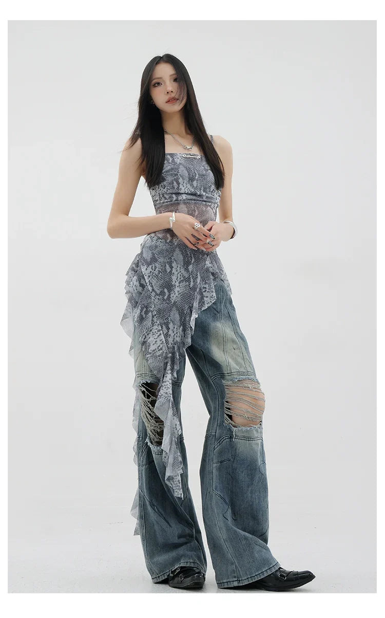 Black Asymmetric Ribbon Strap Tank Top With Ruffle Edge Design