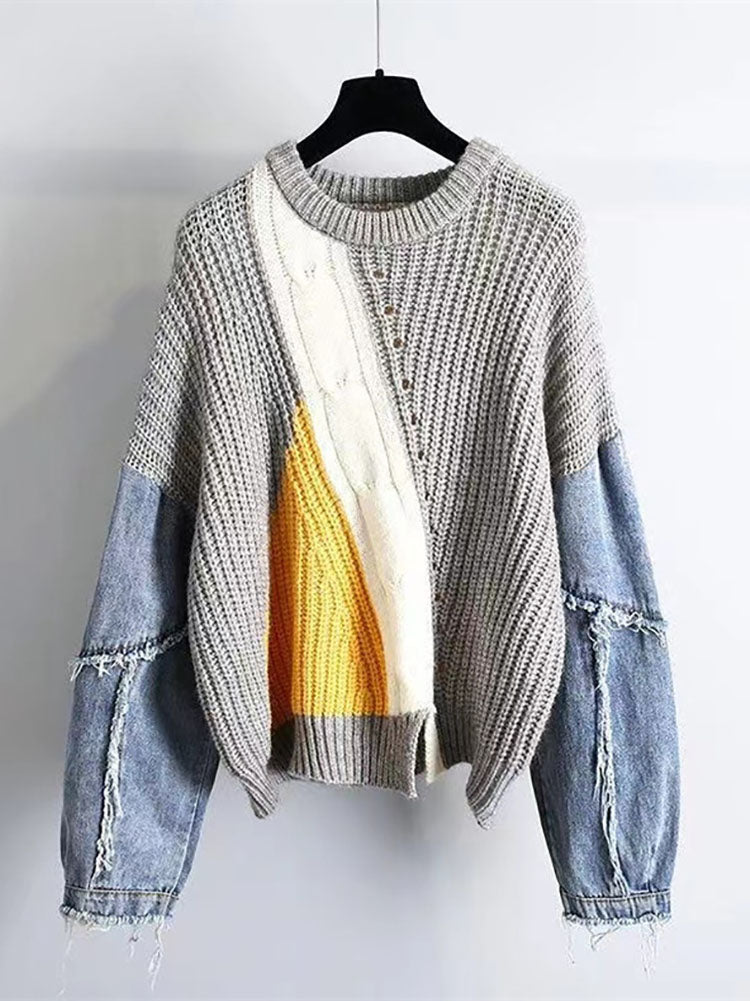 Knitted Color Block Turtleneck Modern Long Sleeve Sweater - Pink