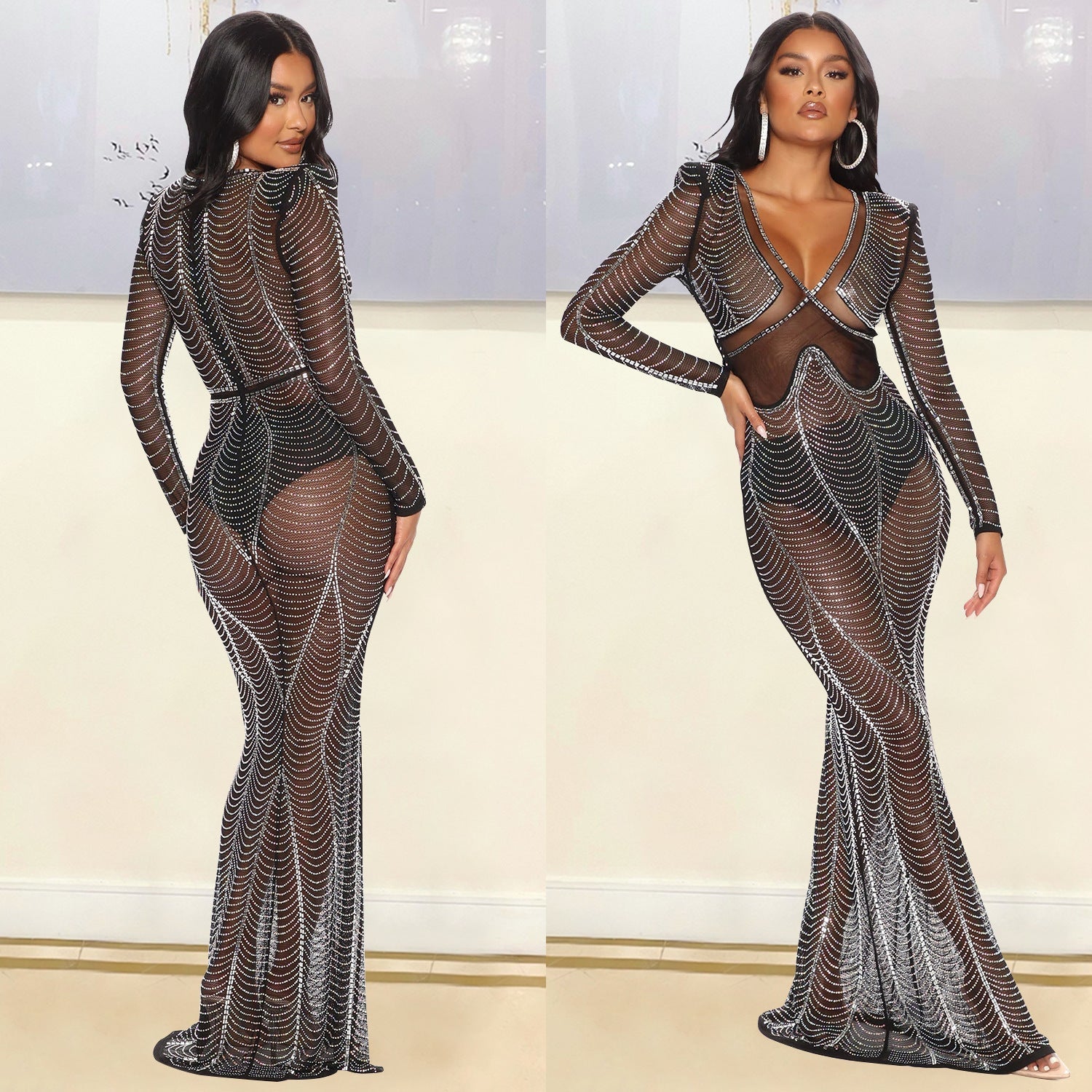 Magaly Aesthetic Women's Evening Dress Made of Mesh with Rhinestone Decorations Designer Edit
