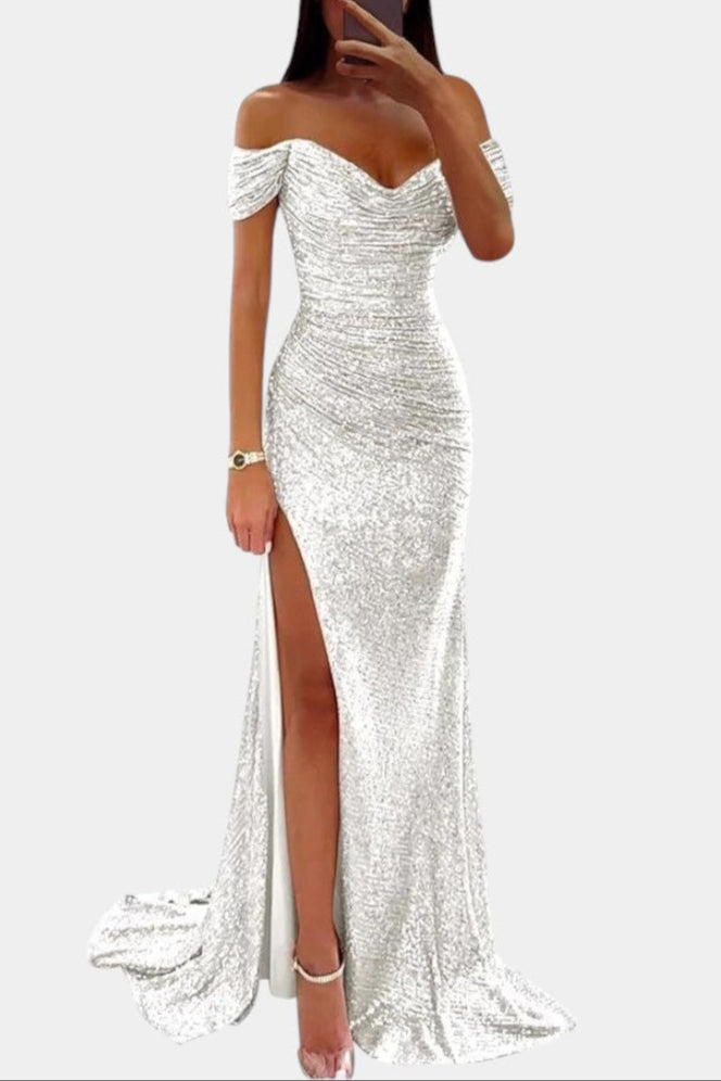 Off-Shoulder Sweetheart Sequin Ruched High Slit Mermaid Gown 12