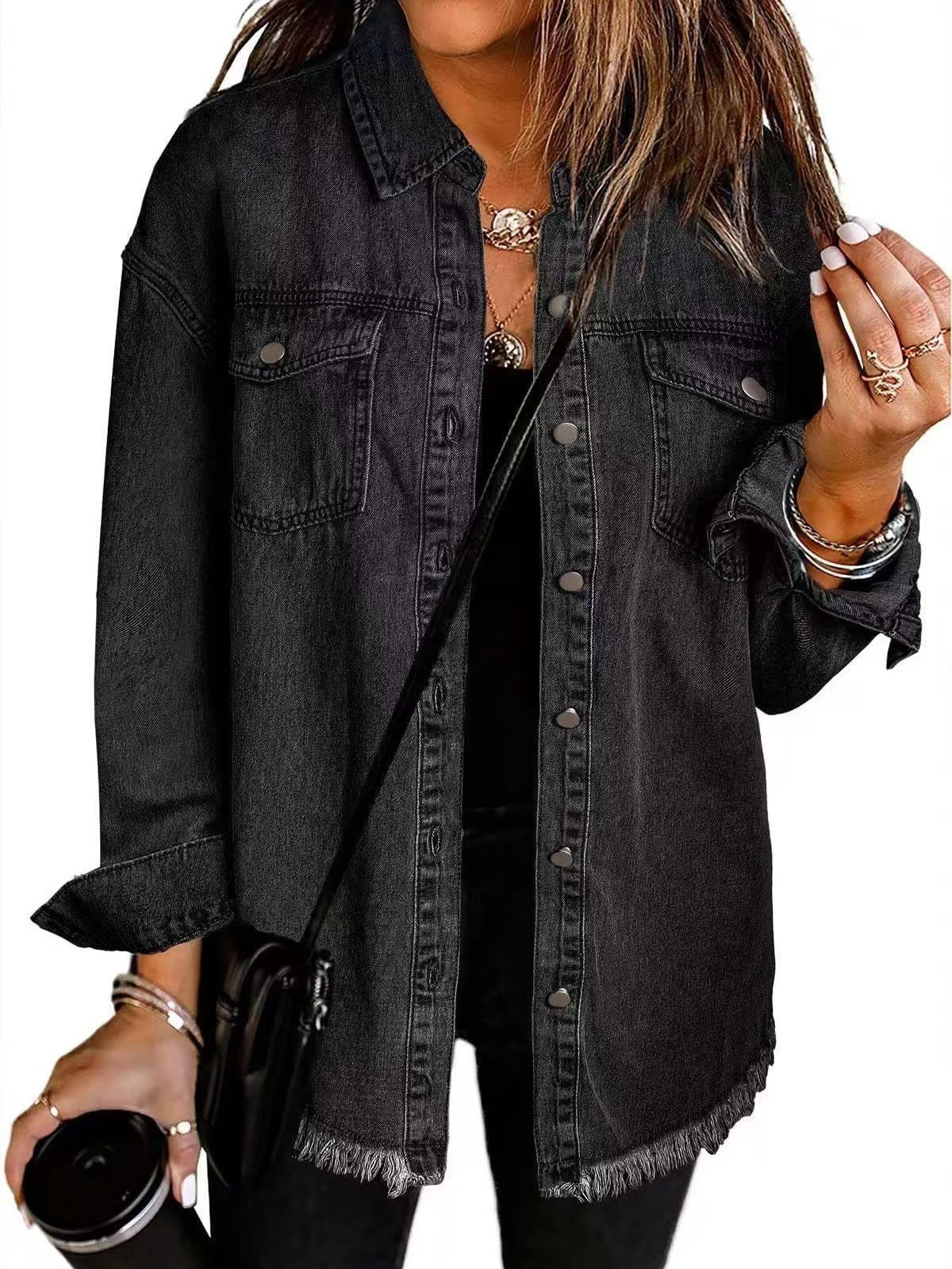 Collared Button-Front Frayed Hem Oversized Denim Jacket