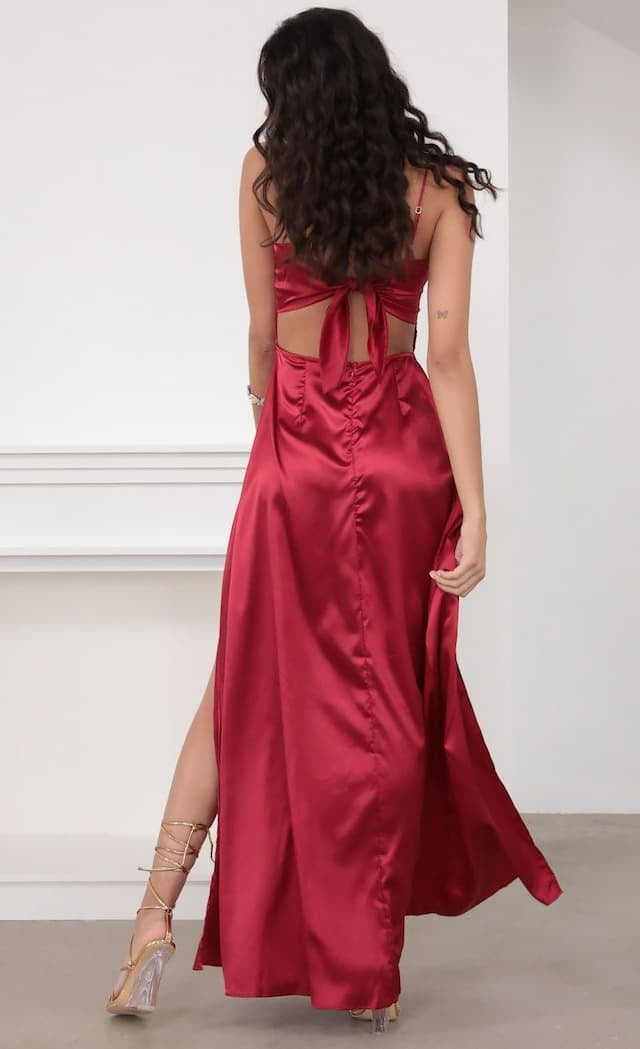 Red Spaghetti Strap Straight Neck Satin High Slit A-Line Maxi Dress 5