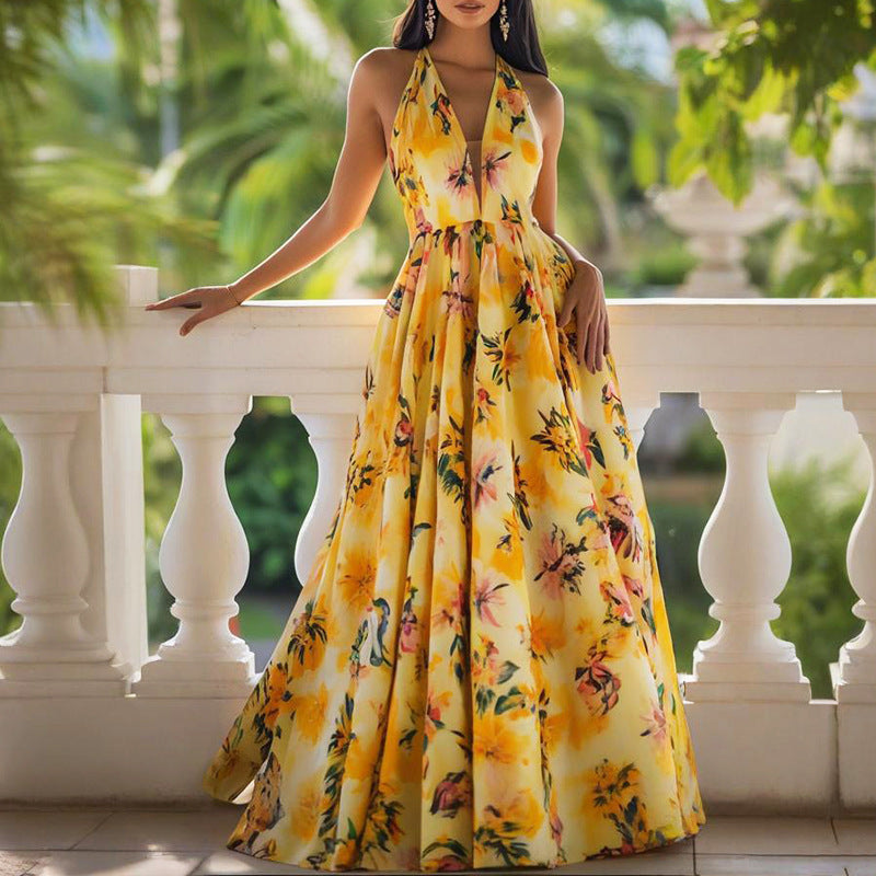 Spring Women Clothing Printed V neck Waist Trimming Spaghetti Straps Maxi Dress