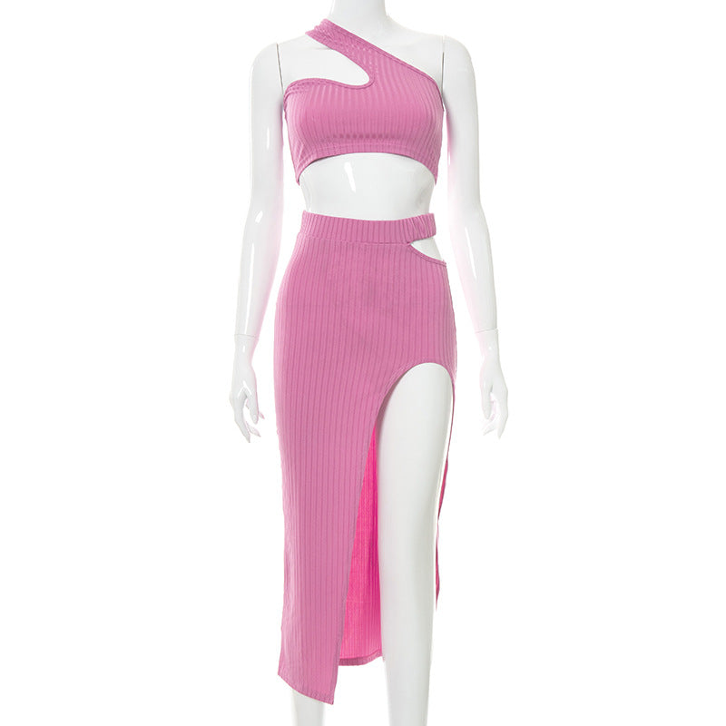 Solid Color Thread One Piece Cropped Hollow out Split Maxi Dress