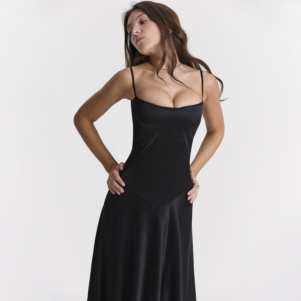 Black Square Neck Pintuck Satin Lace-Up Back Slip Maxi Dress