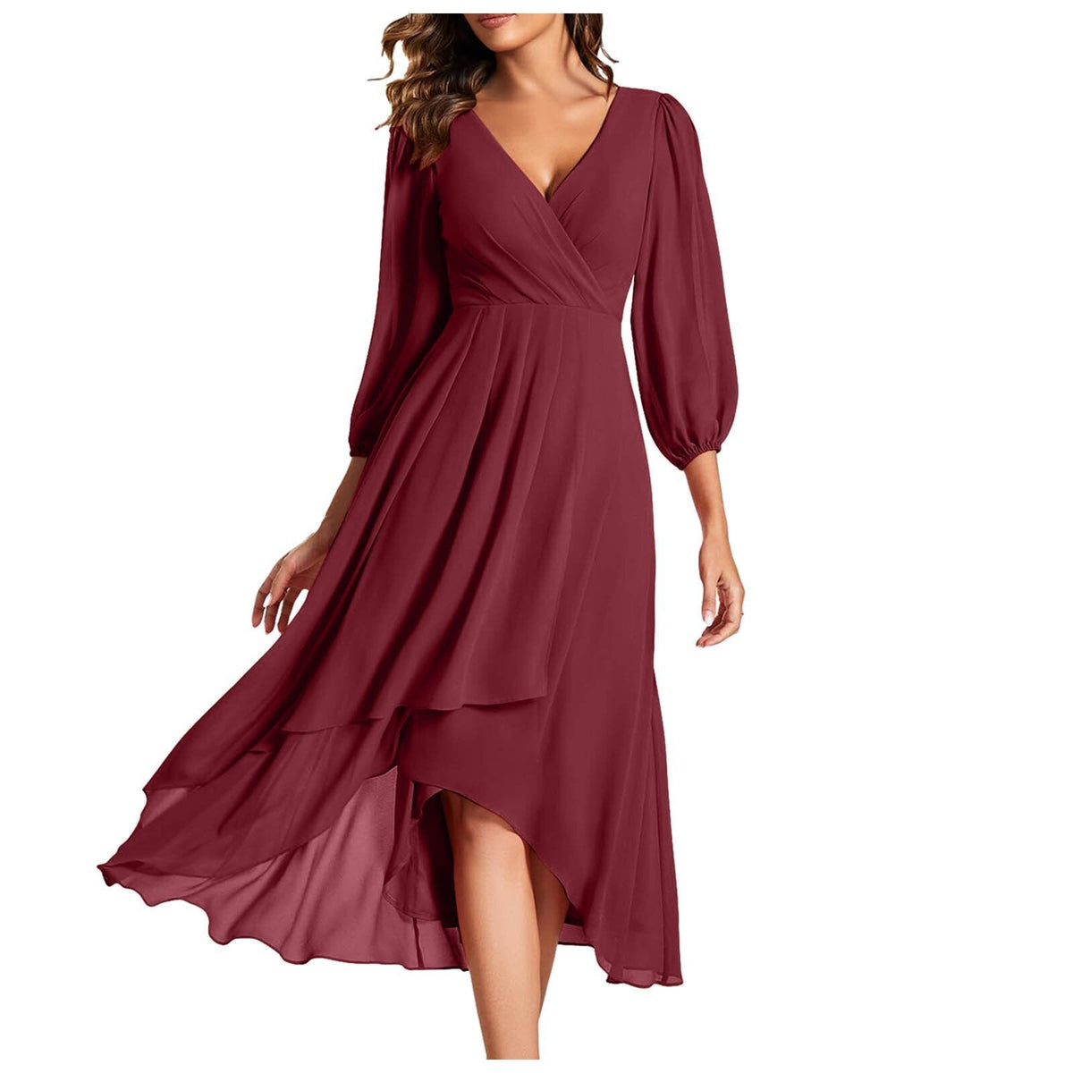 V-Neck Wrap Balloon Sleeve Chiffon High-Low Ruffle Midi Dress 8