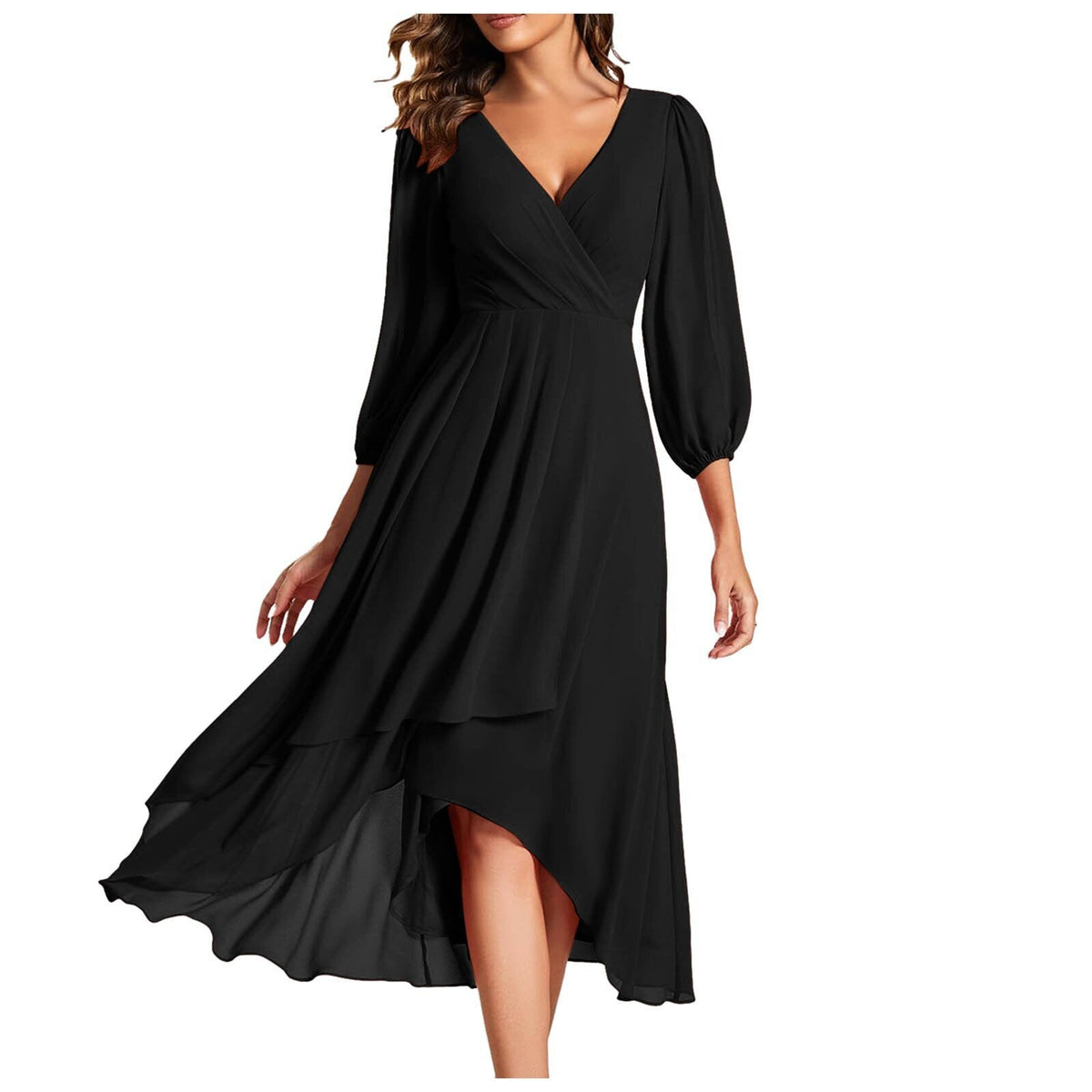 V-Neck Wrap Balloon Sleeve Chiffon High-Low Ruffle Midi Dress 2
