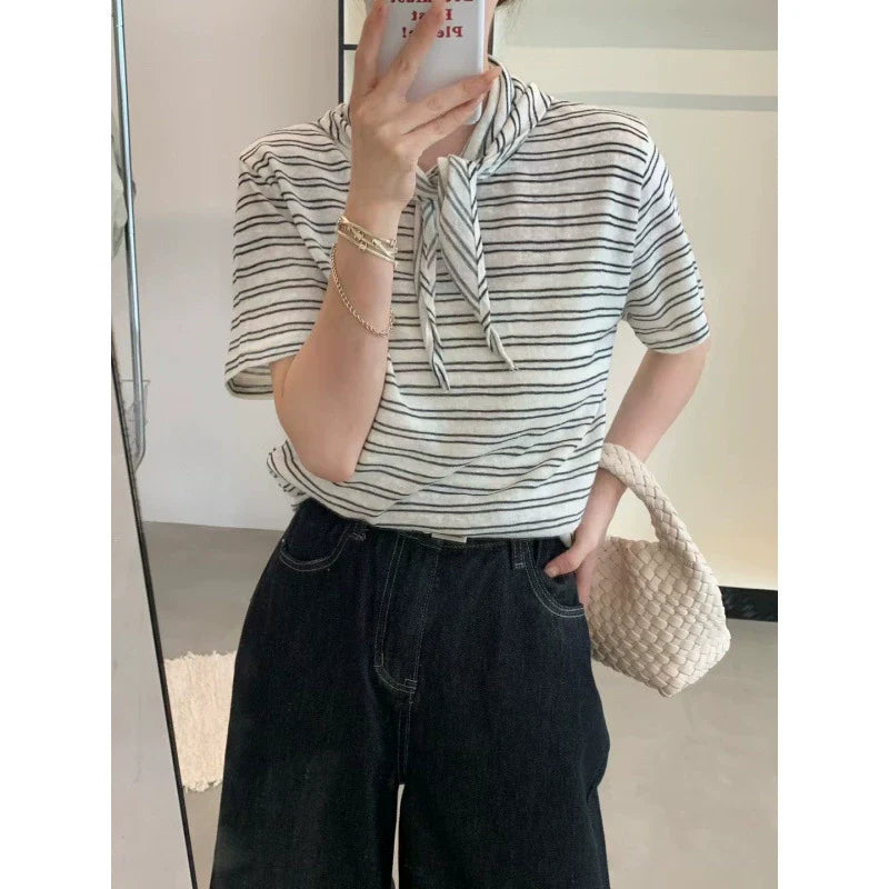 Striped Detachable Scarf Collar T-Shirt