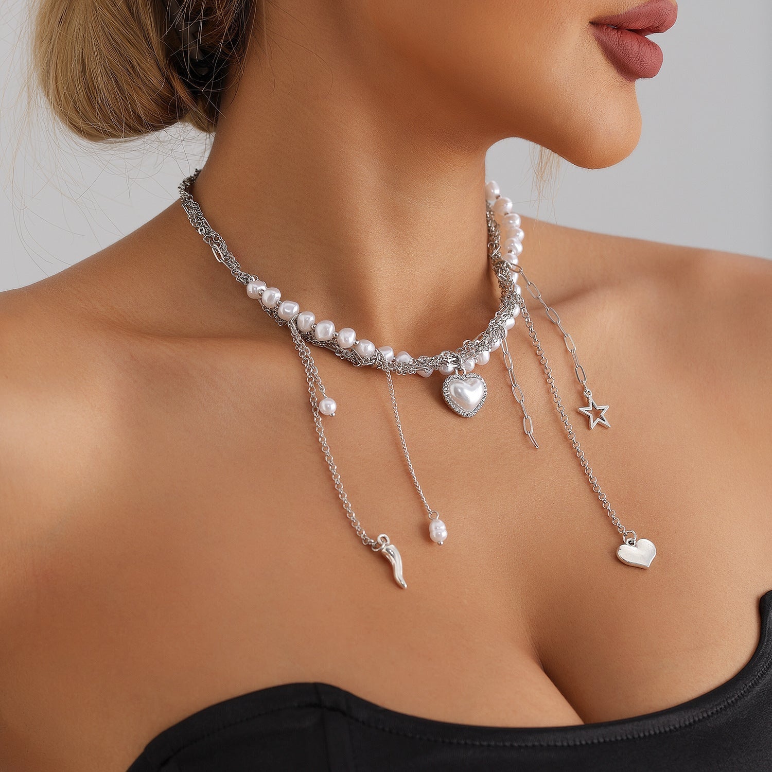 Multilayer Heart Tassel Pearl Star Pendant Necklace