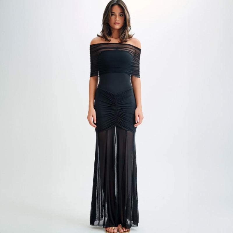 Tube Top Pleated Mesh Slim Fit Patchwork Dress Two Piece Set