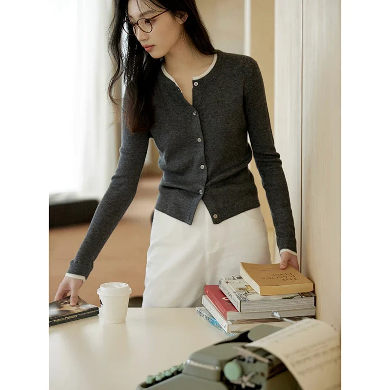 Button-Up Cardigan Sweater with White Inner Layer