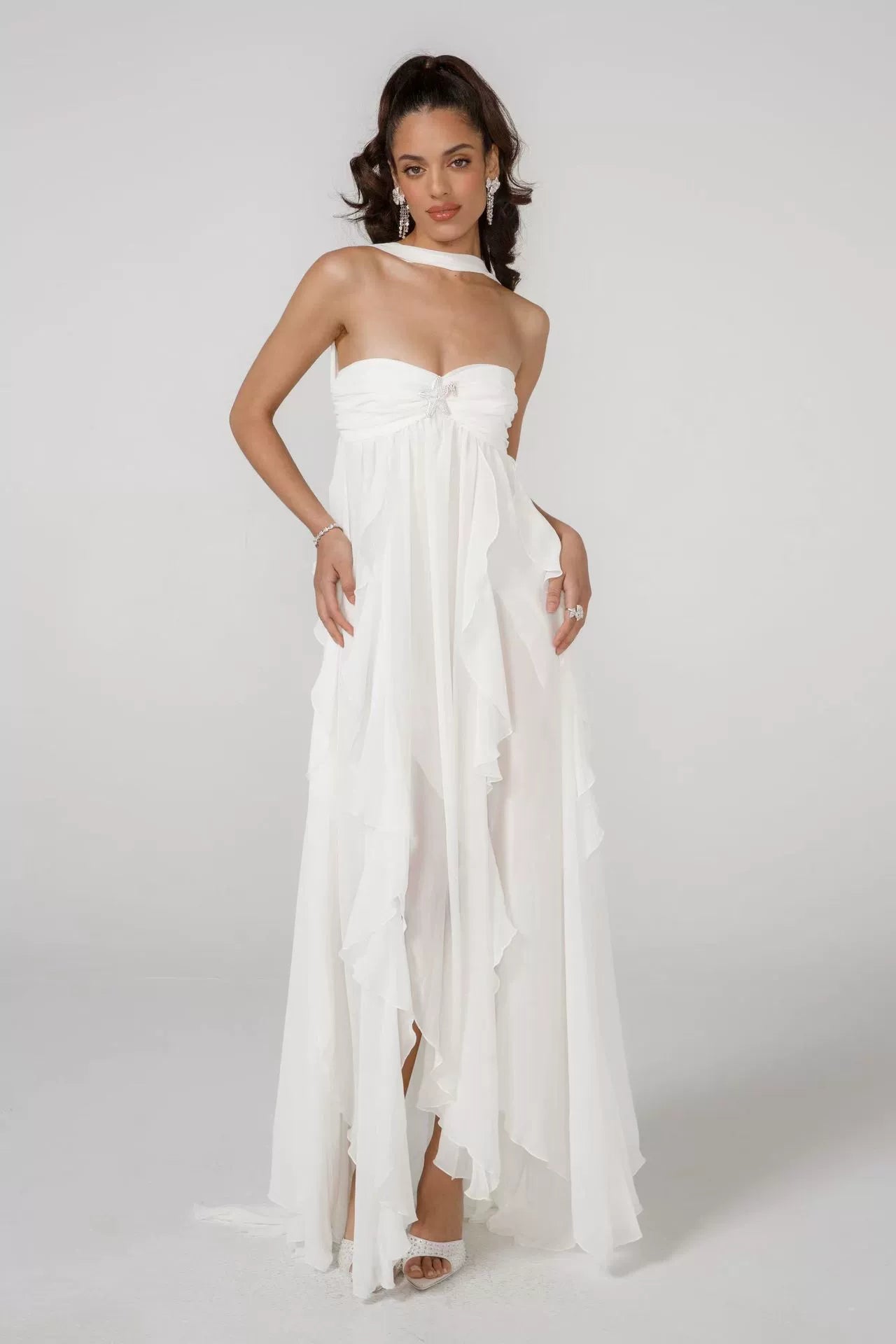 French halterneck chiffon dress