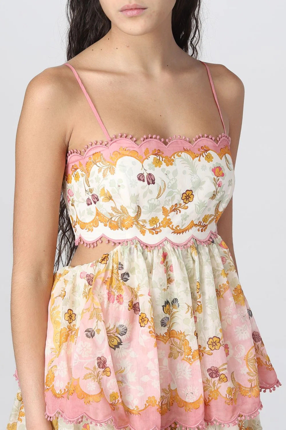 Spaghetti Strap Floral Scalloped Cutout Tiered Midi Dress