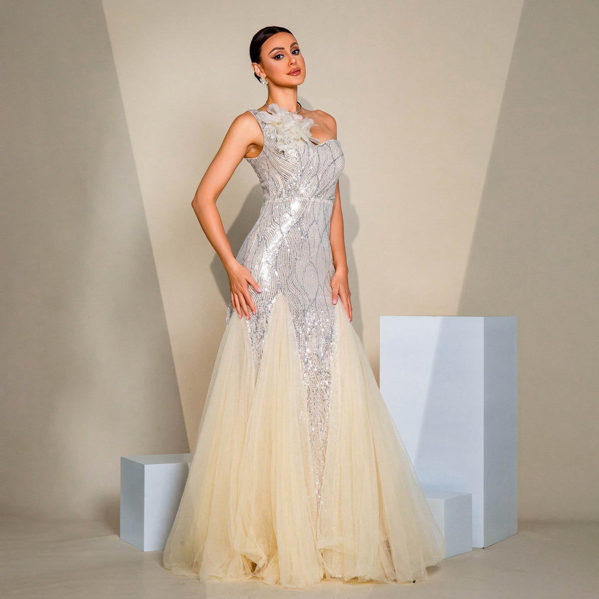 Beige One Shoulder Floral Applique Sequin Tulle A-Line Maxi Gown