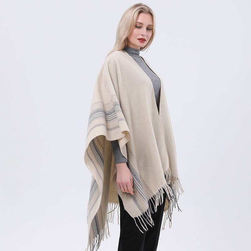 New Europeanstyle Simple Fashionable Split Polyester Striped Scarf