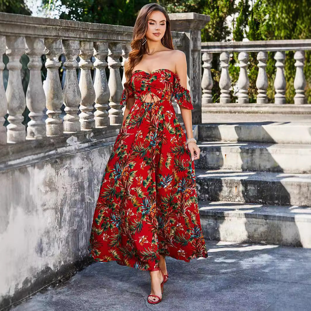 Printed Hollow Out Cutout out Tied Dress Tube Top Elegant Backless Dress