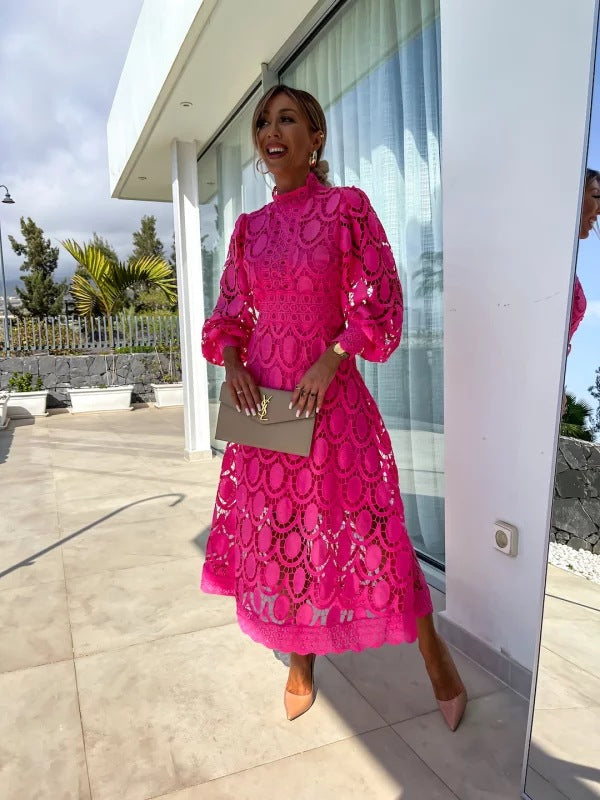 Mock Neck Long Sleeve Crochet Guipure Lace A-Line Midi Dress