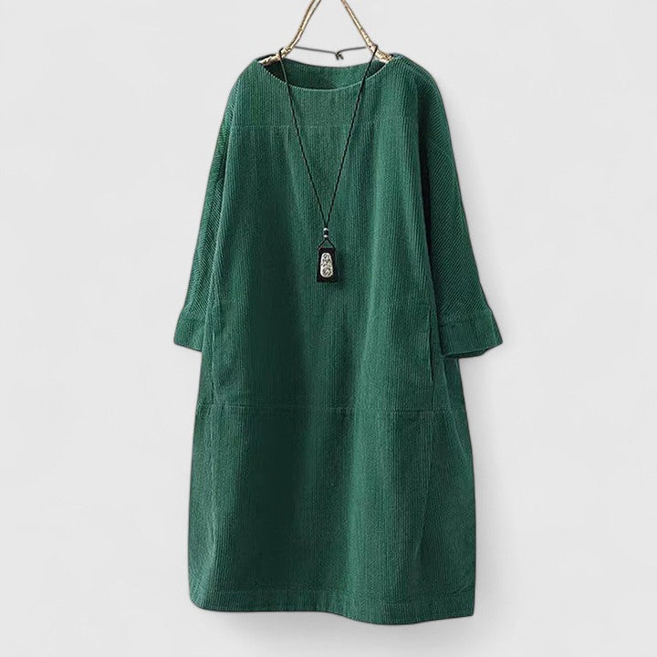 Round Neck Corduroy Long Sleeve Pocket Shift Midi Dress